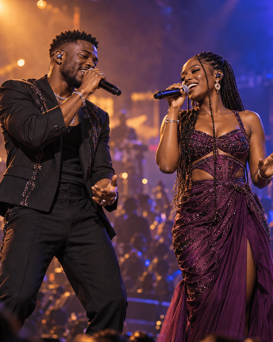 A Nigerian male and female artist singing together under amber and violet concert lights